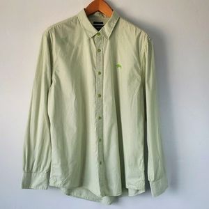 Long sleeve mens button down shirt striped green & white size XL